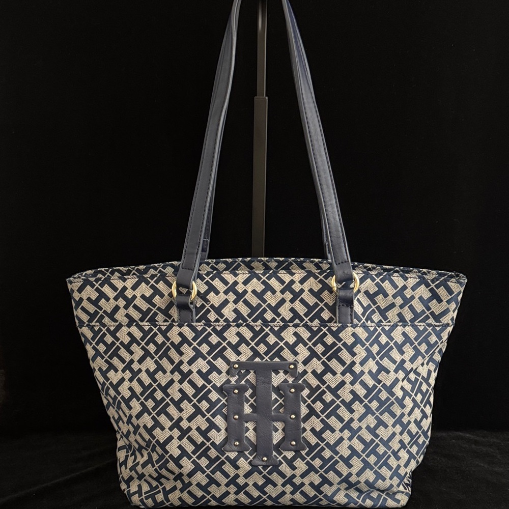 Tommy Hilfiger Navy and Beige Patterned Tote